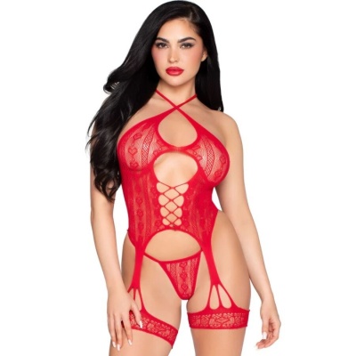 Leg Avenue 89338 Open Bodysuit Garter Set Red