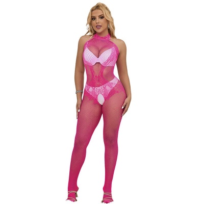 Subblime Fishnet & Lace Crotchless w/ High Neck, Pink - image 1