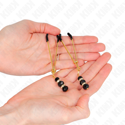 KINK Gold Thin Nipple Clamps With 3 Black Glass Beads 7cm - image 3