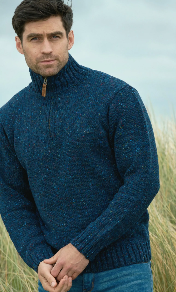 Aran Crafts Donegal wollen herentrui met halve rits- denim