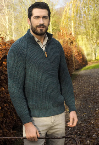 Aran Crafts fisherman's rib half zip- peacock