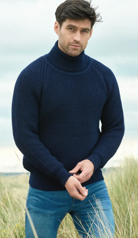 Aran Crafts roll collar fishermans rib- navy