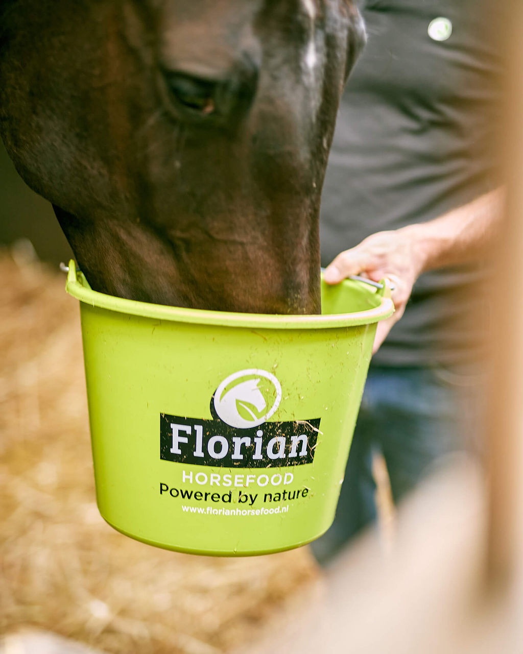 Een voedingsspecialist van Florian met een paard