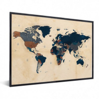 Wereldkaart Landen Donkere Tinten - Zwarte lijst, Geen passe partout 40x30