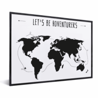 Wereldkaart Let's Be Adventurers Zwart - Zwarte lijst, Geen passe partout 40x30