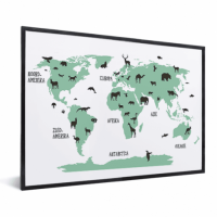 Wereldkaart Dieren Per Continent Groen - Zwarte lijst, Geen passe partout 40x30