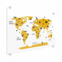Wereldkaart Dieren Per Continent Geel - Plexiglas 40x30