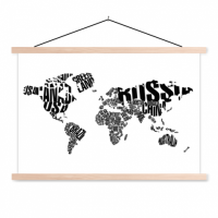 Wereldkaart Landmassa In Letters Zwart - Schoolplaat 90x60