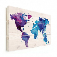 Wereldkaart Paarstint Aquarel - Verticale planken hout 80x60