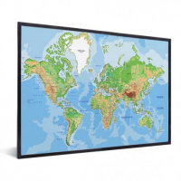 Wereldkaart Aardrijkskundig Origineel - Zwarte lijst, Passe partout zwart 40x30