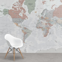 Wereldkaart Aardrijkskundig Lichte Tinten - Vinylbehang 265x350