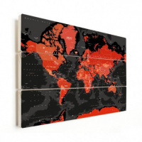 Wereldkaart Rood Land Zwart Water Apocalypse - Verticale planken hout 40x30