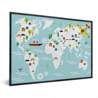 Wereldkaart Prent Vervoersmiddelen - Zwarte lijst, Passe partout zwart 40x30