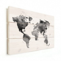 Wereldkaart Grijstint Aquarel - Horizontale planken hout 90x60