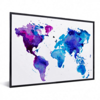 Wereldkaart Paarstint Aquarel - Zwarte lijst, Geen passe partout 40x30