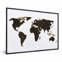 Wereldkaart Geometrische Gouden Lijnen Zwart - Zwarte lijst, Geen passe partout 40x30