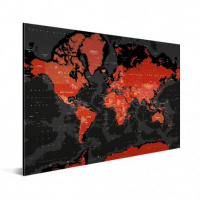 Wereldkaart Rood Land Zwart Water Apocalypse - Geborsteld aluminium 60x40
