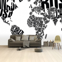 Wereldkaart Landmassa In Letters Zwart - Airtex behang 265x350