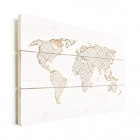 Wereldkaart Geometrische Gouden Lijnen Grijs - Horizontale planken hout 90x60