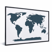 Wereldkaart Kruisjespatroon Blauw - Zwarte lijst, Geen passe partout 40x30
