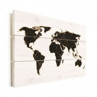Wereldkaart Geometrische Gouden Lijnen Zwart - Verticale planken hout 40x30