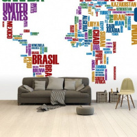 Wereldkaart Continenten In Tekst Kleur - Vinylbehang 265x400