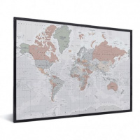 Wereldkaart Aardrijkskundig Lichte Tinten - Zwarte lijst, Passe partout zwart 40x30