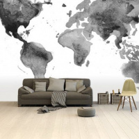 Wereldkaart Grijstint Aquarel - Vinylbehang 265x350