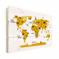 Wereldkaart Dieren Per Continent Geel - Verticale planken hout 80x60