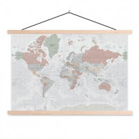 Wereldkaart Aardrijkskundig Lichte Tinten - Schoolplaat 90x60