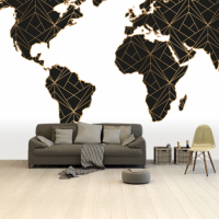 Wereldkaart Geometrische Gouden Lijnen Zwart - Airtex behang 265x350