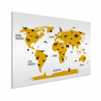 Wereldkaart Dieren Per Continent Geel - Geborsteld aluminium 60x40