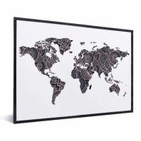 Wereldkaart Circelpatroon Diagonale Lijnen Paarstint - Zwarte lijst, Passe partout zwart 40x30