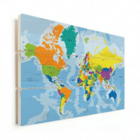 Wereldkaart Aardrijkskundig Harde Kleuren - Verticale planken hout 90x60
