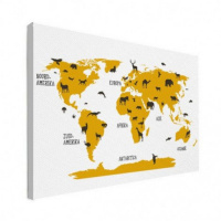 Wereldkaart Dieren Per Continent Geel - Canvas 120x90