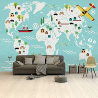 Wereldkaart Prent Vervoersmiddelen - Airtex behang 265x350