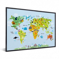 Wereldkaart Voor Kinderen - Zwarte lijst, Passe partout zwart 40x30