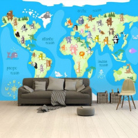 Wereldkaart Vrolijke Dieren Van De Wereld - Vinylbehang 265x350