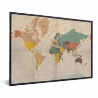 Wereldkaart Aardrijkskundig Stoffig - Zwarte lijst, Passe partout wit 40x30