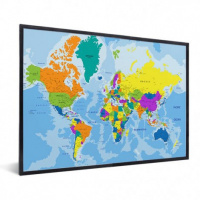 Wereldkaart Aardrijkskundig Harde Kleuren - Zwarte lijst, Passe partout zwart 40x30