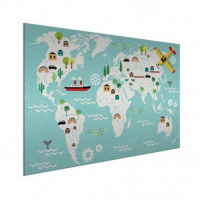 Wereldkaart Prent Vervoersmiddelen - Geborsteld aluminium 80x60