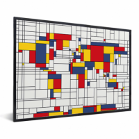 Wereldkaart Mondriaan - Zwarte lijst, Geen passe partout 40x30