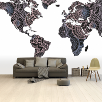 Wereldkaart Circelpatroon Diagonale Lijnen Paarstint - Airtex behang 265x350