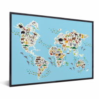 Wereldkaart Dieren Van De Wereld - Zwarte lijst, Passe partout zwart 40x30