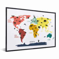 Wereldkaart Dieren Per Continent Kleuren - Zwarte lijst, Passe partout zwart 40x30