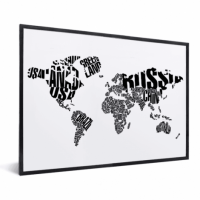 Wereldkaart Landmassa In Letters Zwart - Zwarte lijst, Passe partout wit 40x30