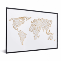 Wereldkaart Geometrische Gouden Lijnen Grijs - Zwarte lijst, Passe partout zwart 40x30
