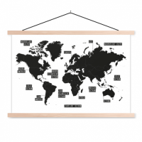 Wereldkaart Zwart Gebiednamen - Schoolplaat 60x40