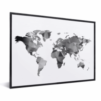 Wereldkaart Geometrische Vakken Wit - Zwarte lijst, Geen passe partout 40x30