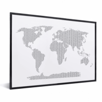 Wereldkaart Kruisjespatroon Zwart - Zwarte lijst, Geen passe partout 40x30